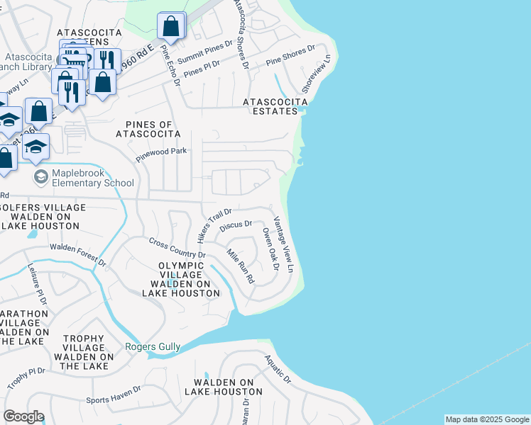 map of restaurants, bars, coffee shops, grocery stores, and more near 19334 Hikers Trail Drive in Humble