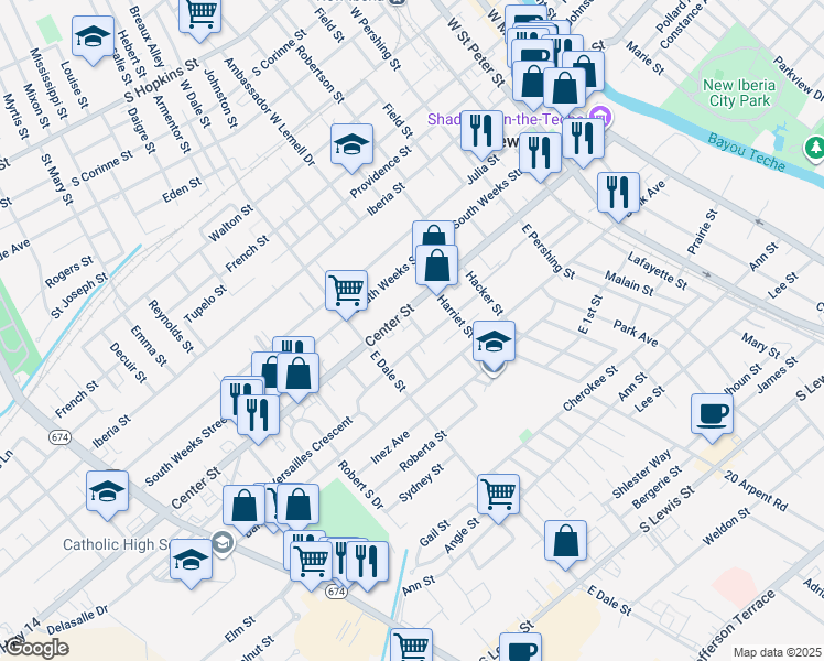 map of restaurants, bars, coffee shops, grocery stores, and more near 703 Henshaw Drive in New Iberia