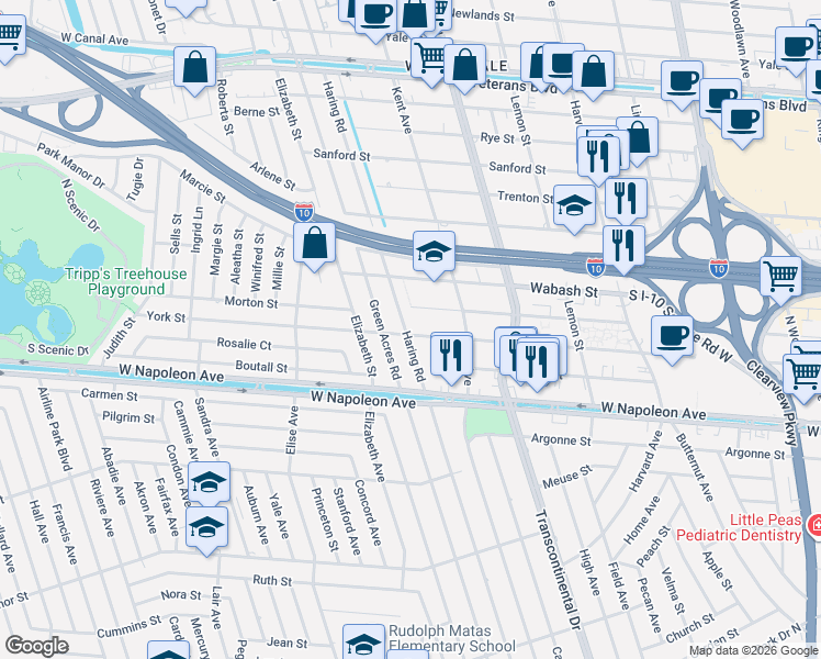 map of restaurants, bars, coffee shops, grocery stores, and more near 2401 Haring Road in Metairie