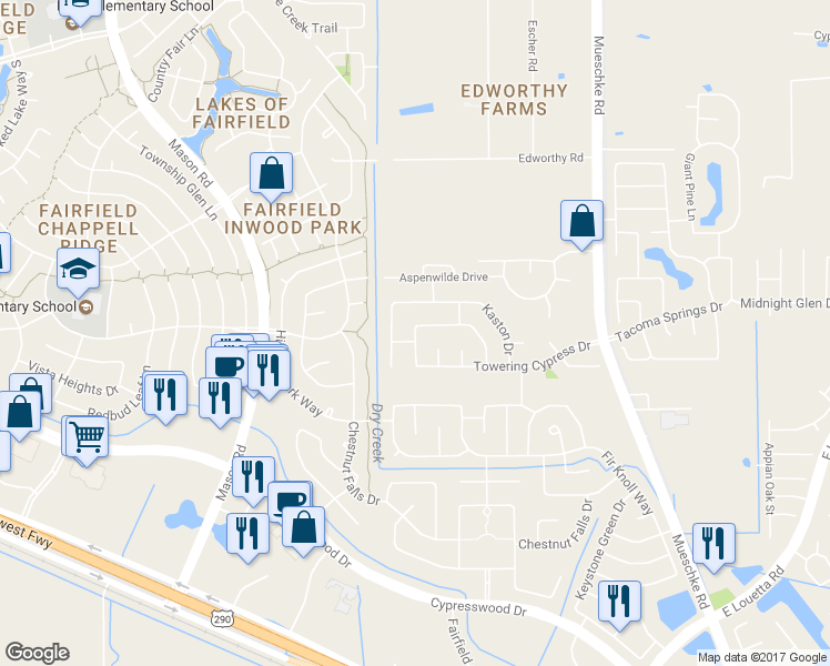 map of restaurants, bars, coffee shops, grocery stores, and more near 15402 Montes Landing Drive in Cypress