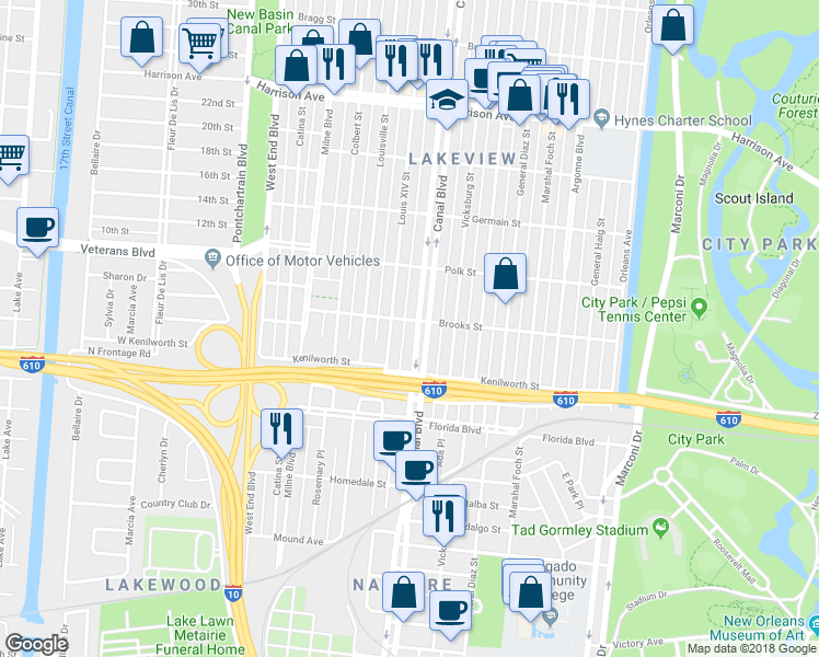 map of restaurants, bars, coffee shops, grocery stores, and more near 5874 Canal Boulevard in New Orleans