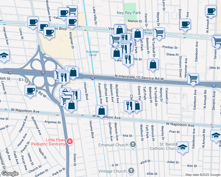 map of restaurants, bars, coffee shops, grocery stores, and more near 4048 Durand Street in Metairie
