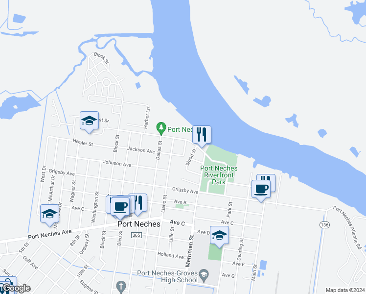 map of restaurants, bars, coffee shops, grocery stores, and more near 714 Santee Street in Port Neches