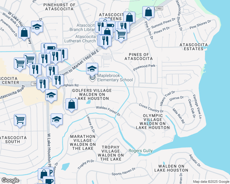 map of restaurants, bars, coffee shops, grocery stores, and more near 7910 Devlin Drive in Humble