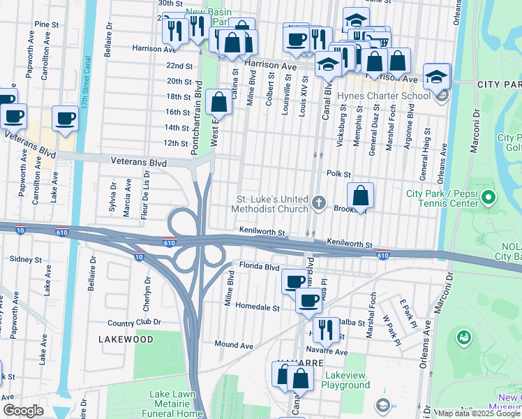map of restaurants, bars, coffee shops, grocery stores, and more near 5852 Colbert Street in New Orleans
