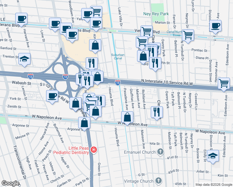 map of restaurants, bars, coffee shops, grocery stores, and more near 1916 Manson Avenue in Metairie