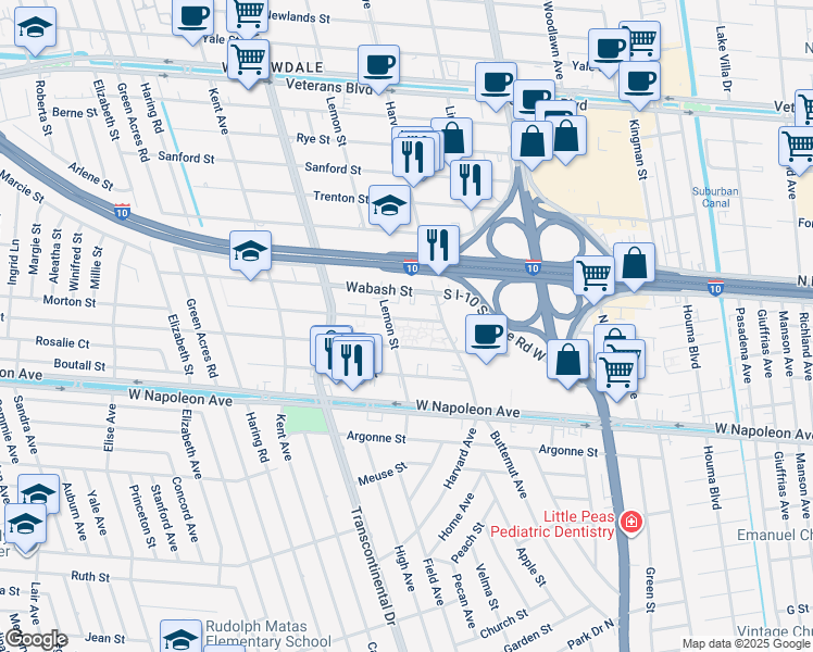map of restaurants, bars, coffee shops, grocery stores, and more near 4821 Hearst Street in Metairie