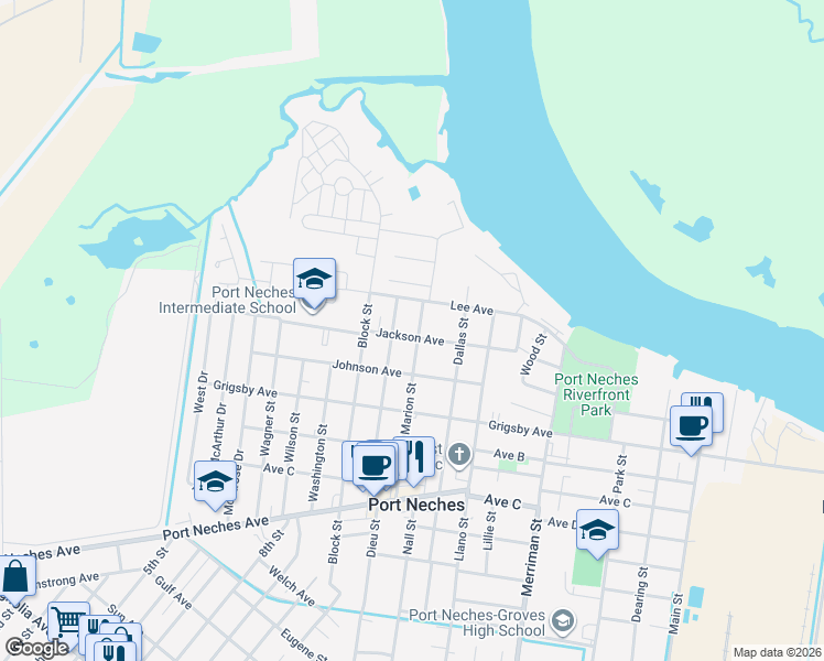 map of restaurants, bars, coffee shops, grocery stores, and more near 730 Marion St in Port Neches