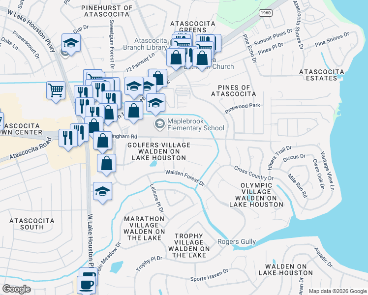 map of restaurants, bars, coffee shops, grocery stores, and more near 7806 Devlin Drive in Humble