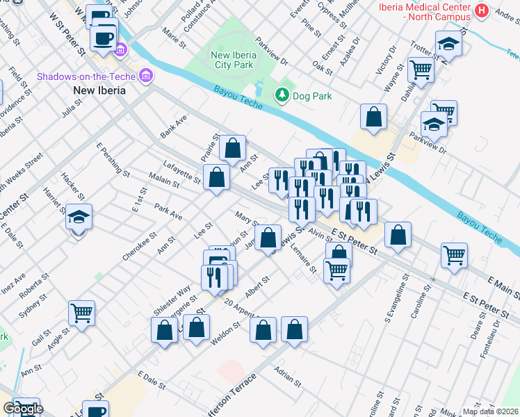 map of restaurants, bars, coffee shops, grocery stores, and more near 917 Alvin Street in New Iberia