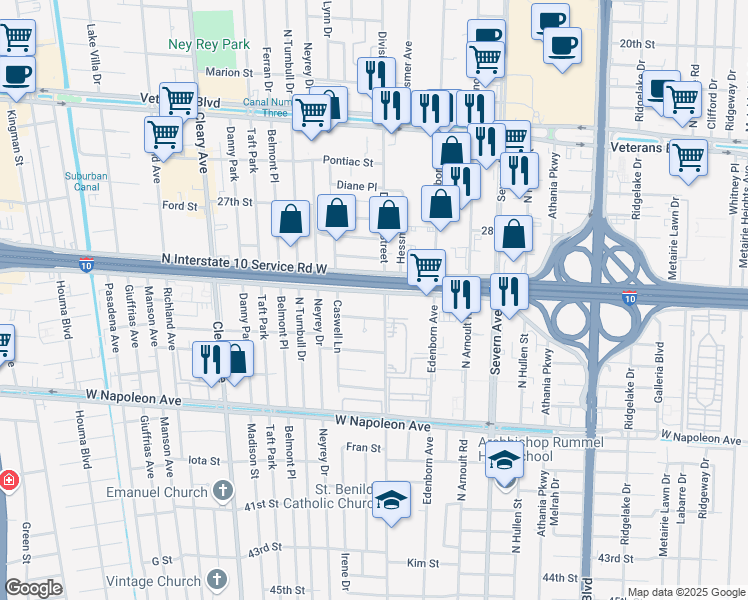 map of restaurants, bars, coffee shops, grocery stores, and more near 3704 South I-10 Service Road West in Metairie