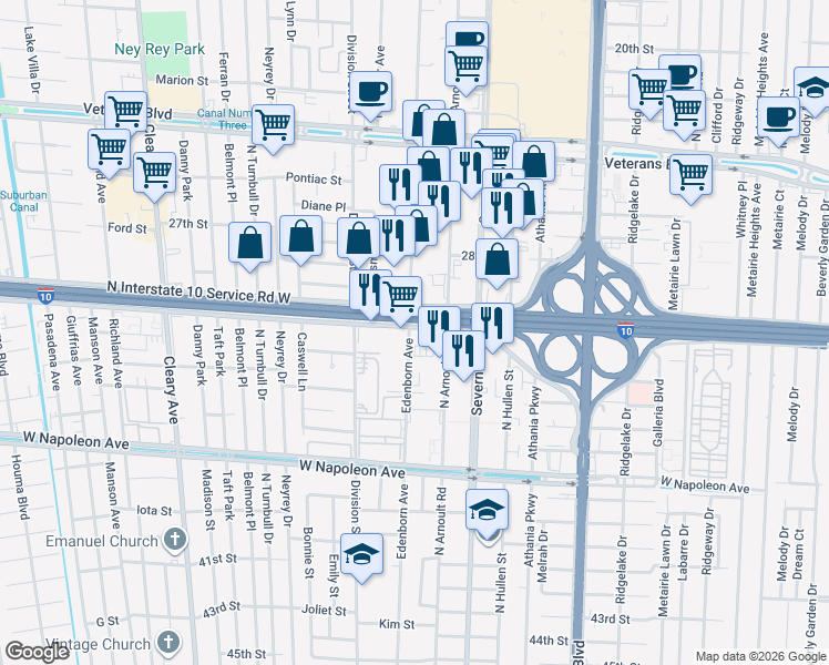 map of restaurants, bars, coffee shops, grocery stores, and more near 3550 South I-10 Service Road West in Metairie