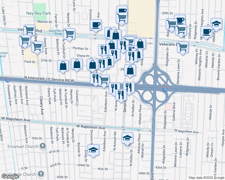 map of restaurants, bars, coffee shops, grocery stores, and more near 3550 South I-10 Service Road West in Metairie
