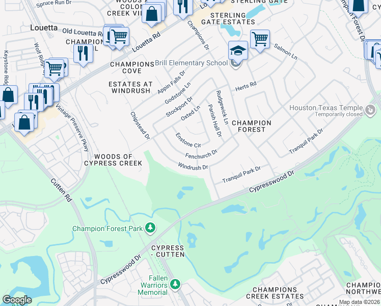 map of restaurants, bars, coffee shops, grocery stores, and more near 9606 Fenchurch Dr in Spring