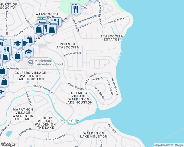 map of restaurants, bars, coffee shops, grocery stores, and more near 19210 Hikers Trail Drive in Humble