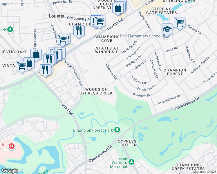 map of restaurants, bars, coffee shops, grocery stores, and more near 16126 Chasemore Drive in Spring