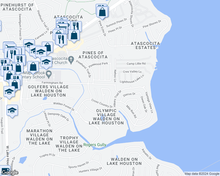 map of restaurants, bars, coffee shops, grocery stores, and more near 19222 Relay Road in Humble