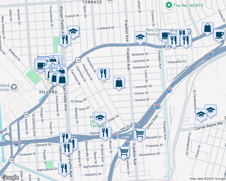 map of restaurants, bars, coffee shops, grocery stores, and more near 2423 Clover Street in New Orleans