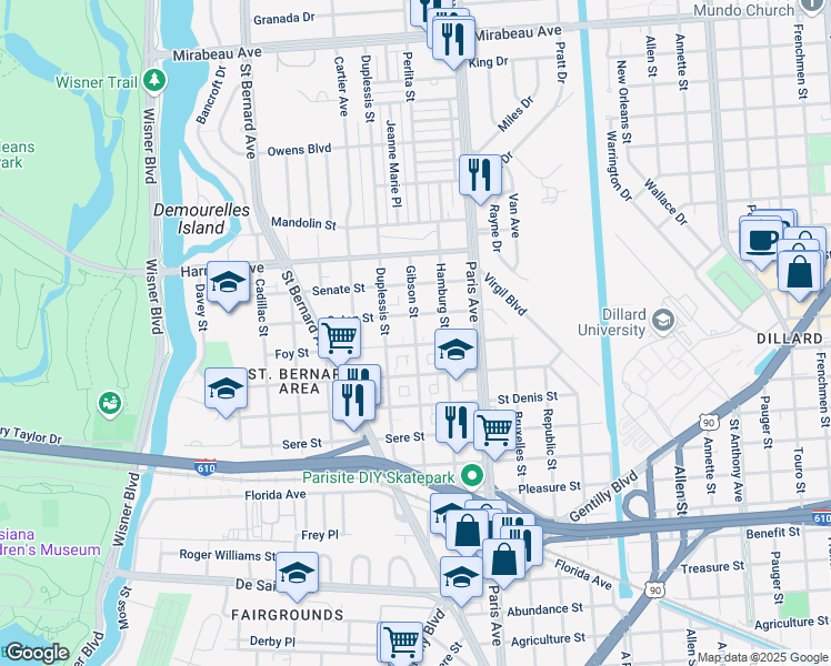 map of restaurants, bars, coffee shops, grocery stores, and more near 3931 Gibson Street in New Orleans