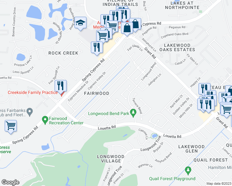 map of restaurants, bars, coffee shops, grocery stores, and more near 14415 Cypress Falls Drive in Cypress
