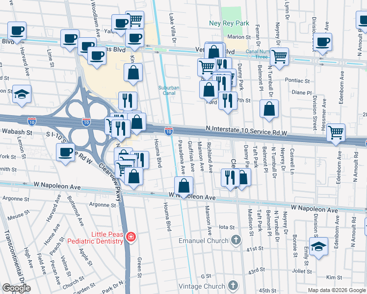 map of restaurants, bars, coffee shops, grocery stores, and more near 2420 Giuffrias Avenue in Metairie
