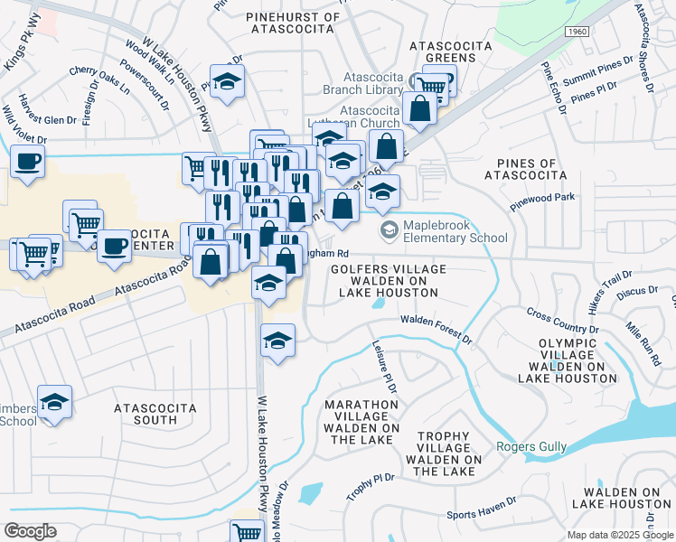 map of restaurants, bars, coffee shops, grocery stores, and more near 19122 Putting Green Drive in Humble
