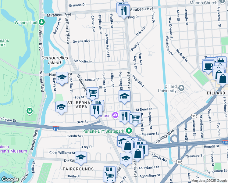 map of restaurants, bars, coffee shops, grocery stores, and more near 3931 Gibson Street in New Orleans