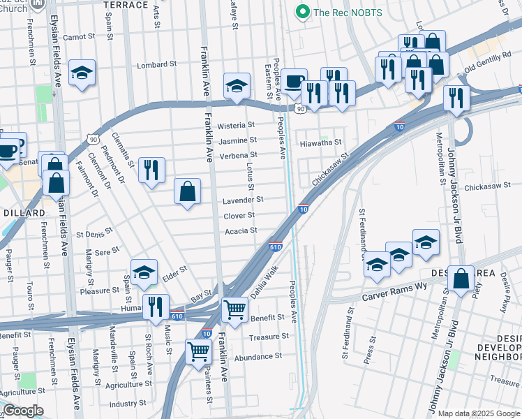 map of restaurants, bars, coffee shops, grocery stores, and more near 2738 Clover Street in New Orleans