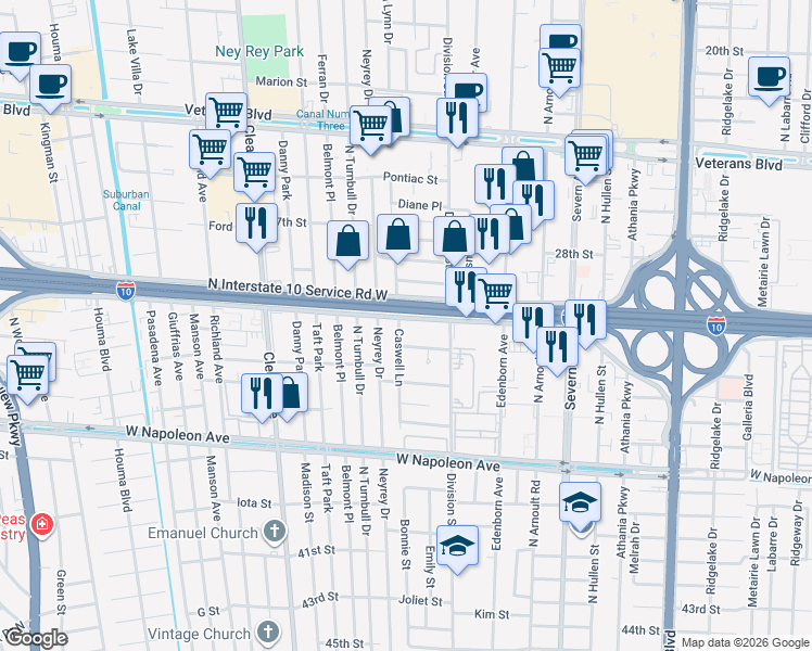 map of restaurants, bars, coffee shops, grocery stores, and more near 2511 Caswell Lane in Metairie