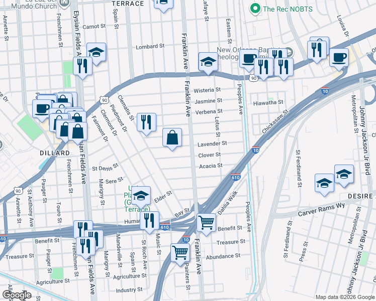 map of restaurants, bars, coffee shops, grocery stores, and more near 2601 Clover Street in New Orleans