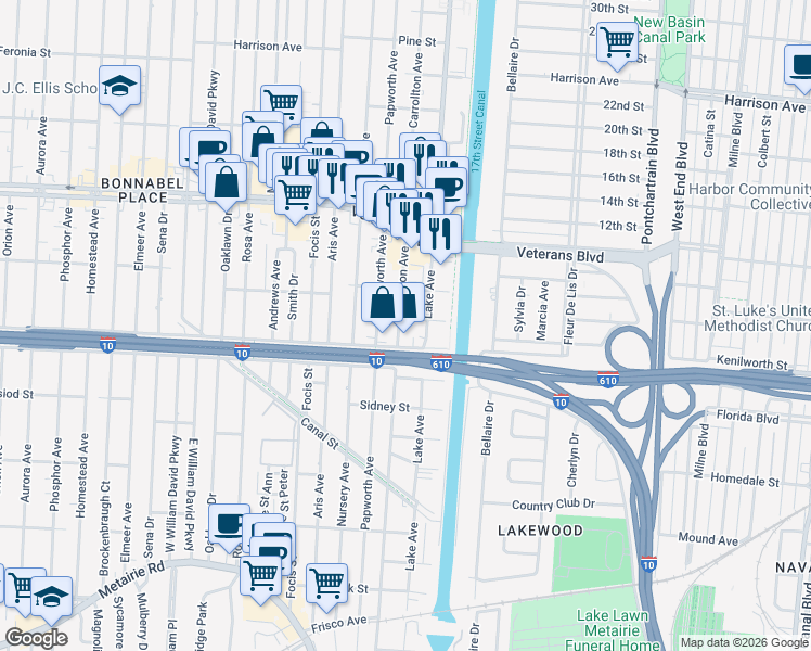 map of restaurants, bars, coffee shops, grocery stores, and more near 710 Carrollton Avenue in Metairie