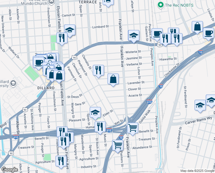 map of restaurants, bars, coffee shops, grocery stores, and more near 2423 Clover Street in New Orleans