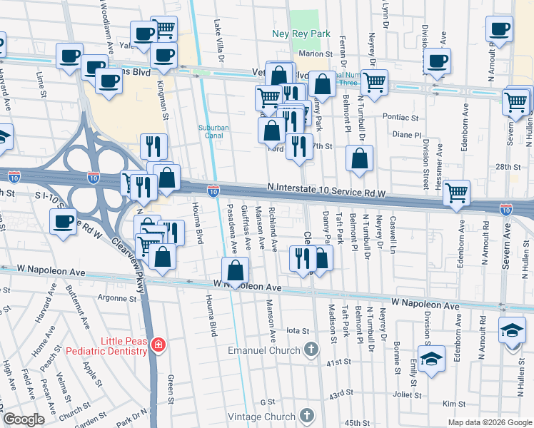 map of restaurants, bars, coffee shops, grocery stores, and more near 4048 Durand Street in Metairie