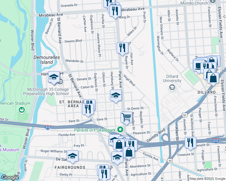 map of restaurants, bars, coffee shops, grocery stores, and more near 3934 Hamburg Street in New Orleans