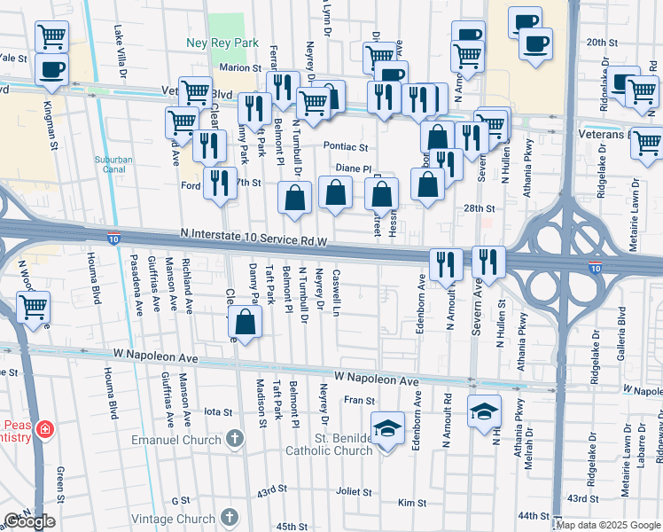 map of restaurants, bars, coffee shops, grocery stores, and more near 2522 Caswell Lane in Metairie