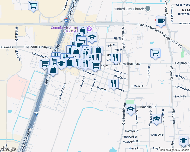 map of restaurants, bars, coffee shops, grocery stores, and more near 311 Granberry Street in Humble