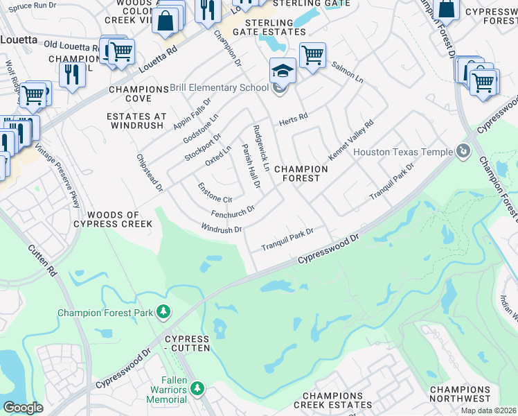 map of restaurants, bars, coffee shops, grocery stores, and more near 9330 Windrush Drive in Spring