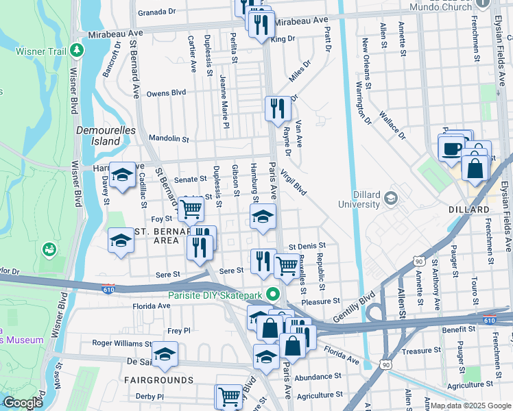 map of restaurants, bars, coffee shops, grocery stores, and more near 3936 Hamburg Street in New Orleans