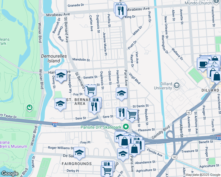 map of restaurants, bars, coffee shops, grocery stores, and more near 3934 Gibson Street in New Orleans