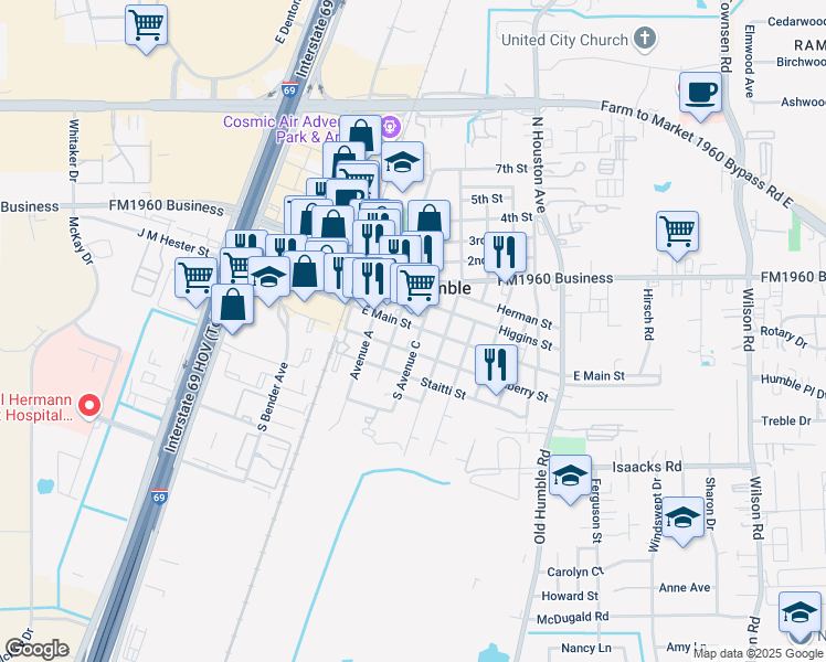 map of restaurants, bars, coffee shops, grocery stores, and more near 311 Granberry Street in Humble