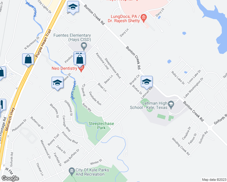 map of restaurants, bars, coffee shops, grocery stores, and more near 980 Brandi Circle in Kyle