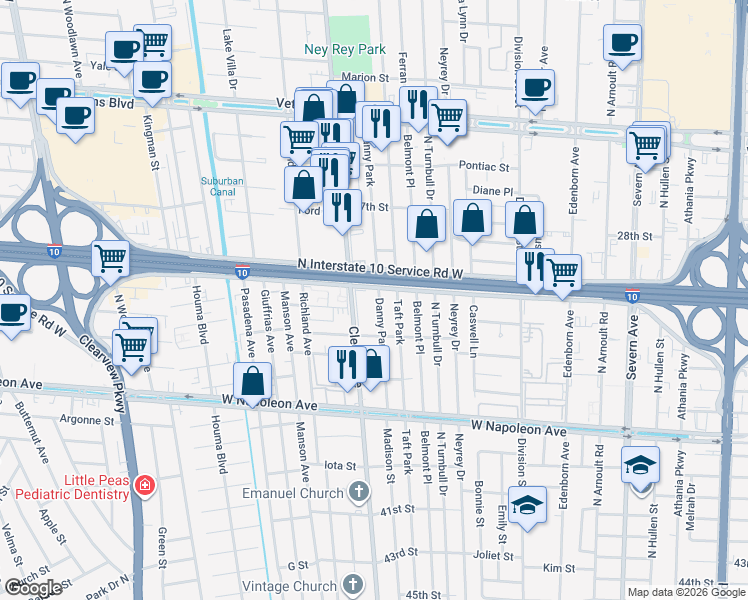 map of restaurants, bars, coffee shops, grocery stores, and more near 3900 South I-10 Service Road West in Metairie