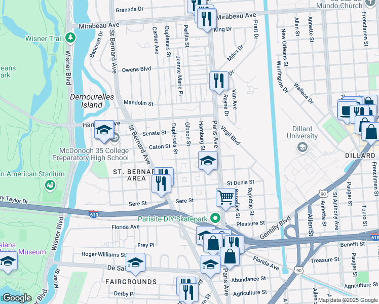 map of restaurants, bars, coffee shops, grocery stores, and more near 3935 Gibson Street in New Orleans