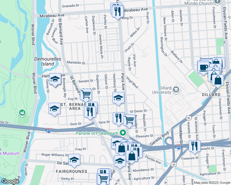 map of restaurants, bars, coffee shops, grocery stores, and more near 3938 Hamburg Street in New Orleans