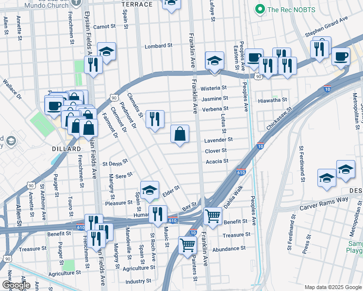 map of restaurants, bars, coffee shops, grocery stores, and more near 2545 Clover Street in New Orleans