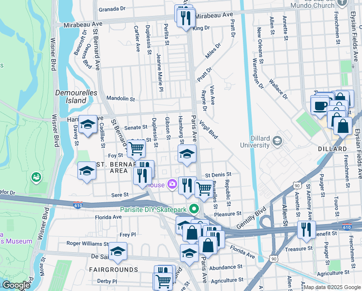 map of restaurants, bars, coffee shops, grocery stores, and more near 3932 Hamburg Street in New Orleans