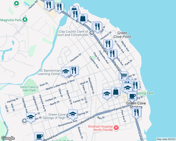 map of restaurants, bars, coffee shops, grocery stores, and more near 603 Washington Lane in Green Cove Springs
