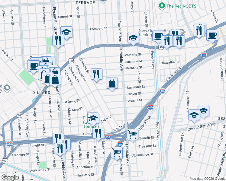 map of restaurants, bars, coffee shops, grocery stores, and more near 2545 Clover Street in New Orleans