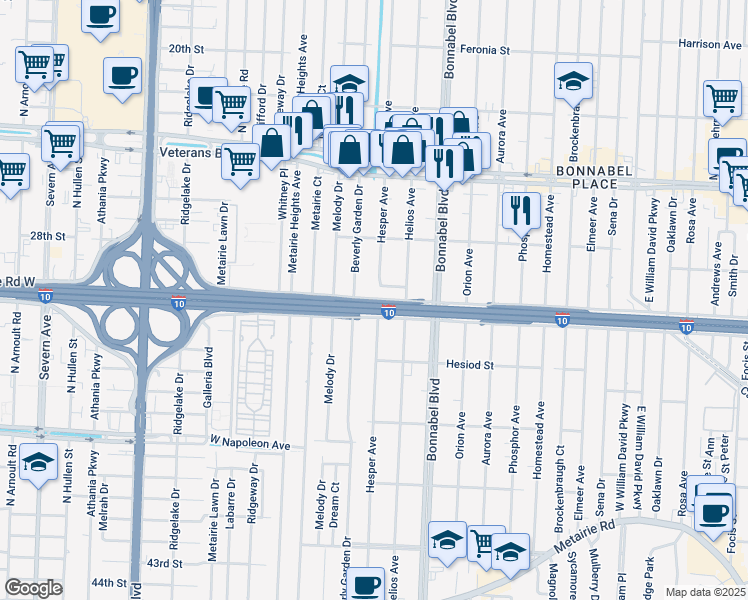 map of restaurants, bars, coffee shops, grocery stores, and more near 1922 Khan Drive in Metairie