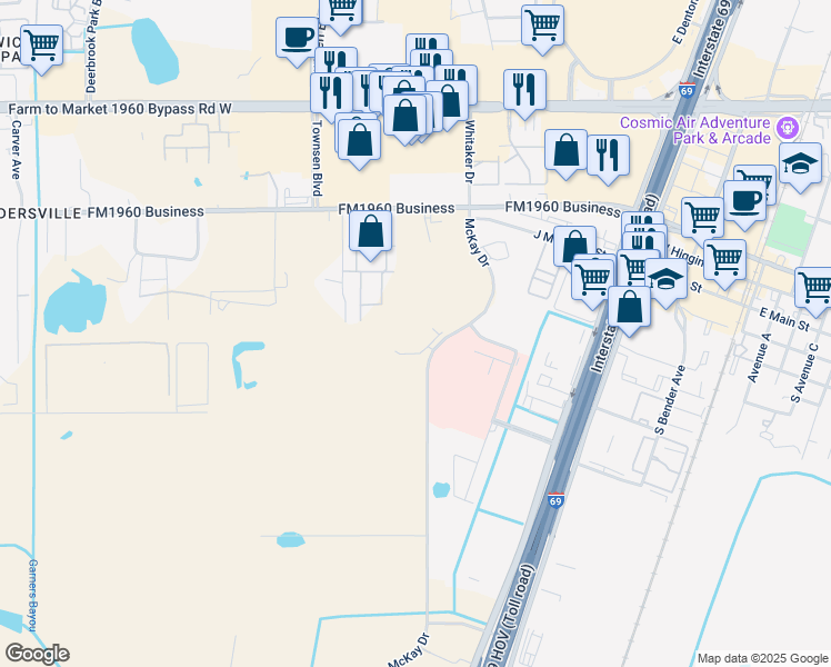 map of restaurants, bars, coffee shops, grocery stores, and more near 19023-19105 McKay Boulevard in Humble
